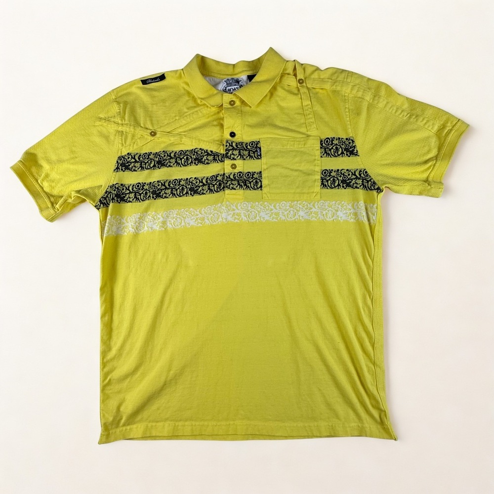 Y2K Polo Shirt‎ Mens 3XL Akademiks Yellow Black Baroque A47S60 Authentic Vintage
